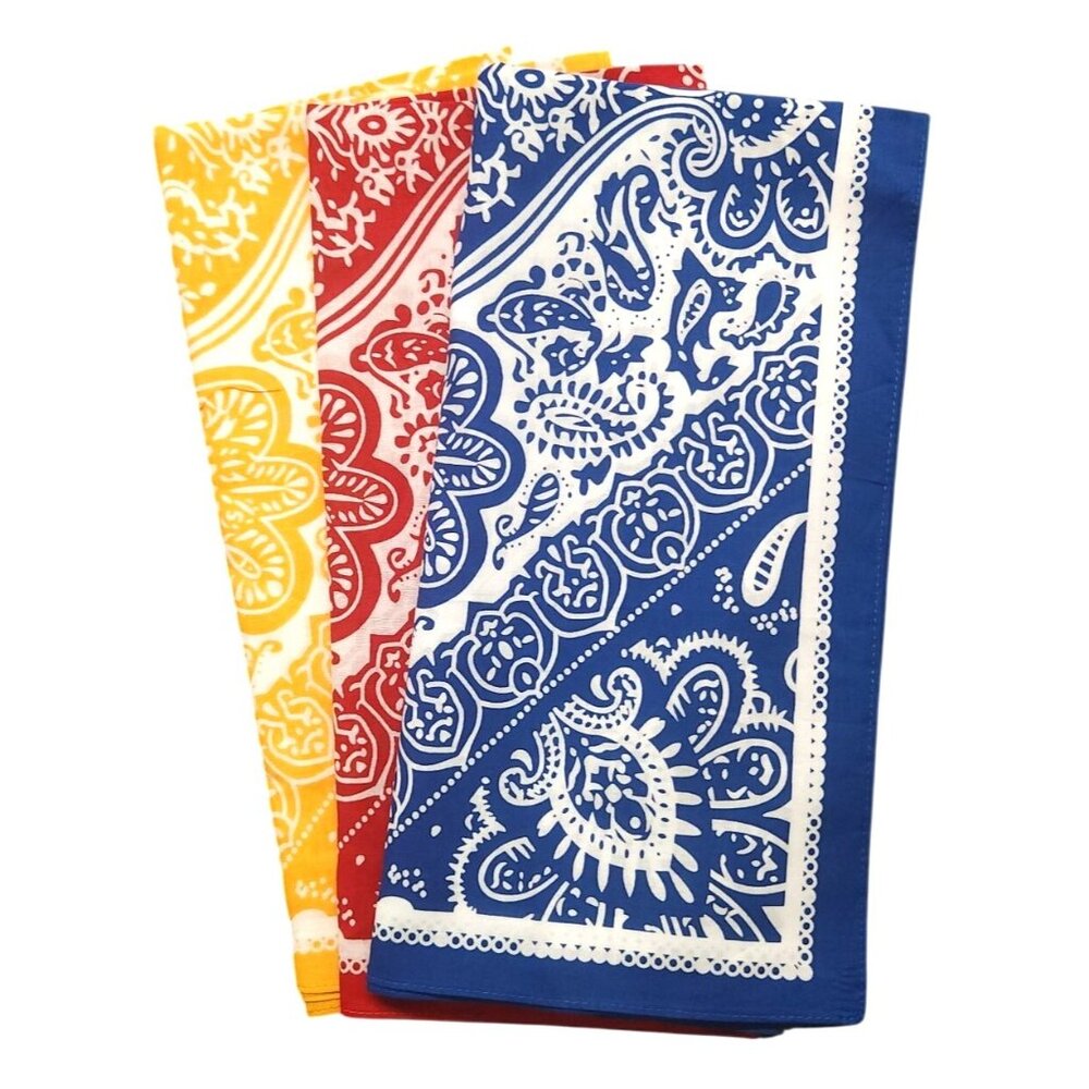 Paisley Bandanas 22"x22" Cotton Square Handkerchiefs Blue Red Yellow 3 Multicolo